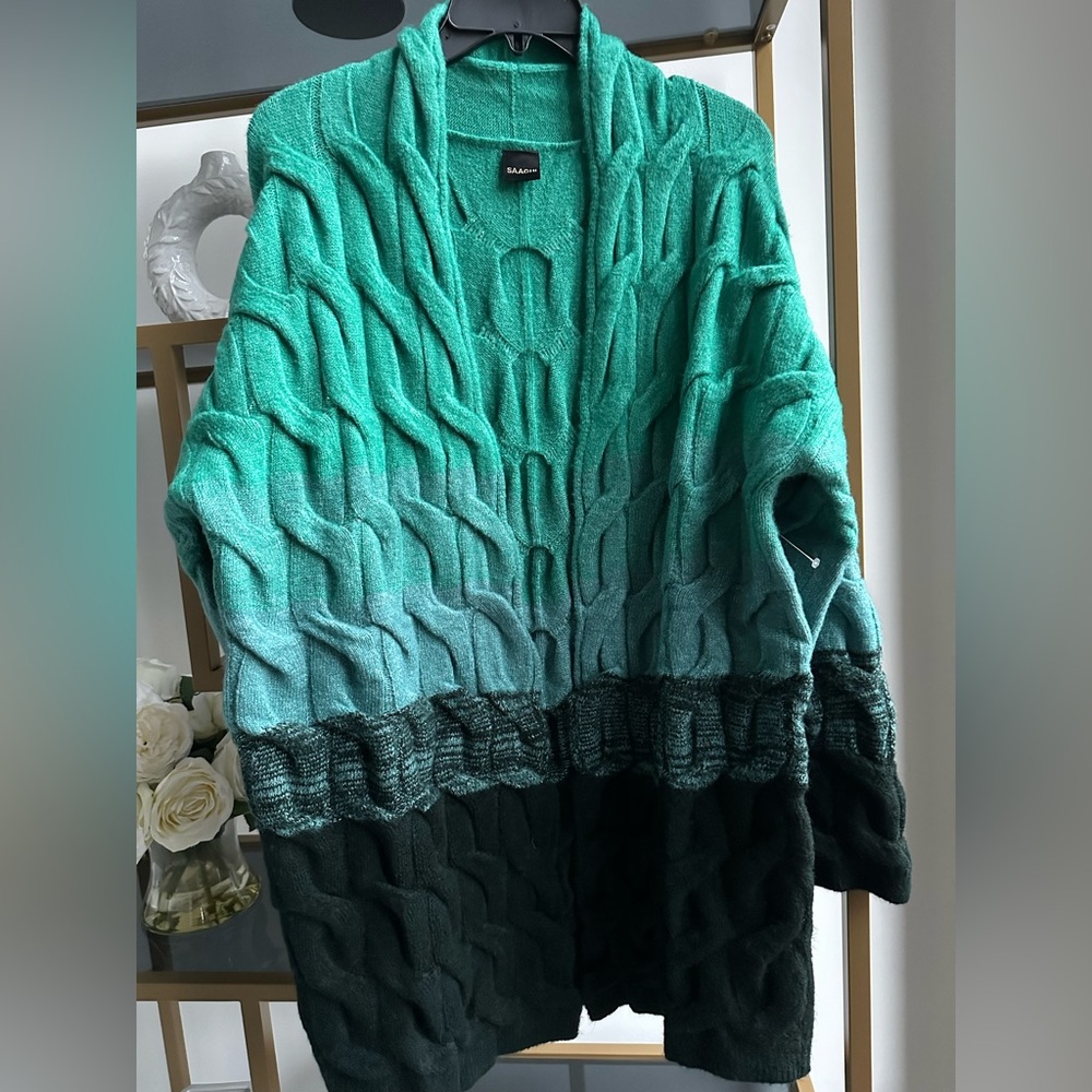 SAACHI Coloblock Cable Knit Teal and Black Women's Cardigan - Picture 4 of 5